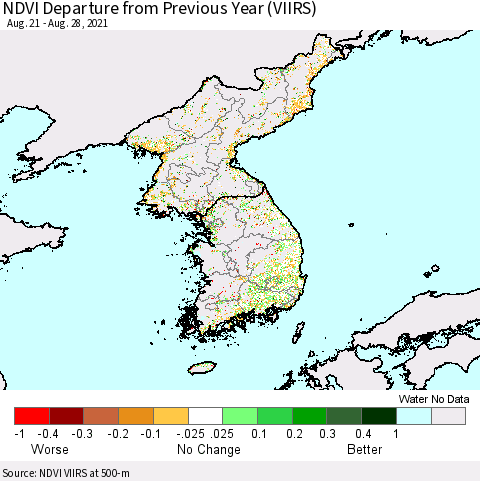 Korea NDVI Departure from Previous Year (VIIRS) Thematic Map For 8/21/2021 - 8/28/2021