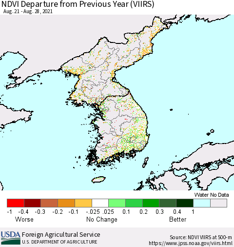 Korea NDVI Departure from Previous Year (VIIRS) Thematic Map For 8/21/2021 - 8/31/2021
