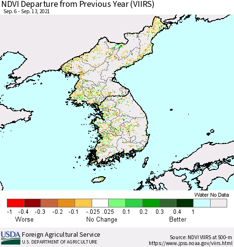 Korea NDVI Departure from Previous Year (VIIRS) Thematic Map For 9/11/2021 - 9/20/2021