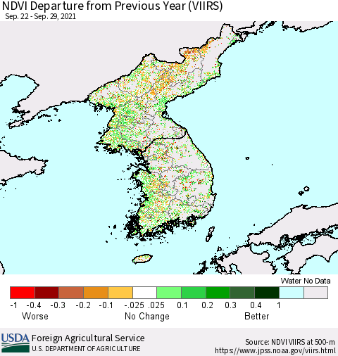 Korea NDVI Departure from Previous Year (VIIRS) Thematic Map For 9/21/2021 - 9/30/2021