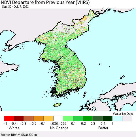 Korea NDVI Departure from Previous Year (VIIRS) Thematic Map For 9/30/2021 - 10/7/2021