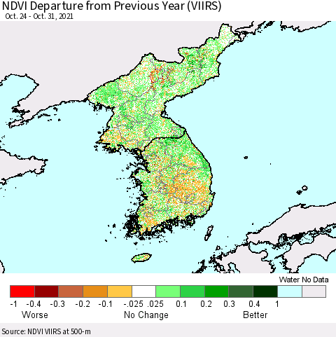 Korea NDVI Departure from Previous Year (VIIRS) Thematic Map For 10/21/2021 - 10/31/2021