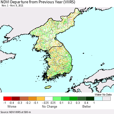 Korea NDVI Departure from Previous Year (VIIRS) Thematic Map For 11/1/2021 - 11/8/2021
