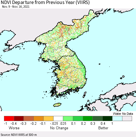 Korea NDVI Departure from Previous Year (VIIRS) Thematic Map For 11/9/2021 - 11/16/2021