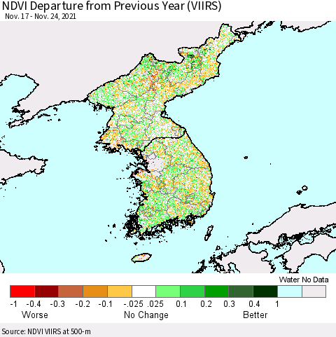 Korea NDVI Departure from Previous Year (VIIRS) Thematic Map For 11/17/2021 - 11/24/2021