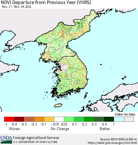 Korea NDVI Departure from Previous Year (VIIRS) Thematic Map For 11/21/2021 - 11/30/2021