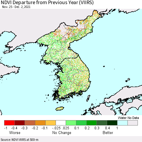 Korea NDVI Departure from Previous Year (VIIRS) Thematic Map For 11/25/2021 - 12/2/2021