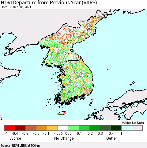 Korea NDVI Departure from Previous Year (VIIRS) Thematic Map For 12/1/2021 - 12/10/2021