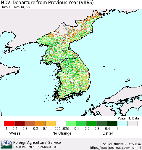 Korea NDVI Departure from Previous Year (VIIRS) Thematic Map For 12/11/2021 - 12/20/2021