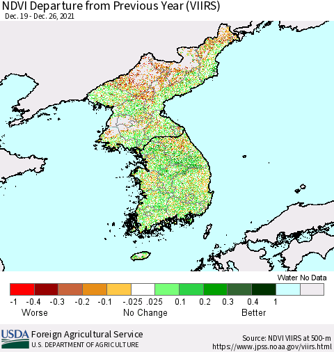 Korea NDVI Departure from Previous Year (VIIRS) Thematic Map For 12/21/2021 - 12/31/2021