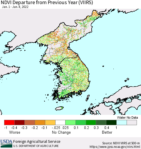 Korea NDVI Departure from Previous Year (VIIRS) Thematic Map For 1/1/2022 - 1/10/2022