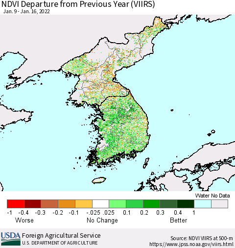 Korea NDVI Departure from Previous Year (VIIRS) Thematic Map For 1/11/2022 - 1/20/2022