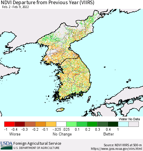 Korea NDVI Departure from Previous Year (VIIRS) Thematic Map For 2/1/2022 - 2/10/2022