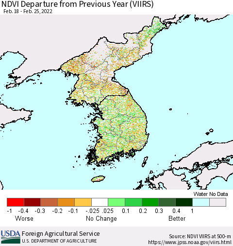 Korea NDVI Departure from Previous Year (VIIRS) Thematic Map For 2/21/2022 - 2/28/2022