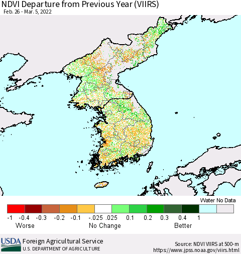Korea NDVI Departure from Previous Year (VIIRS) Thematic Map For 3/1/2022 - 3/10/2022
