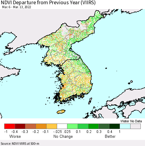 Korea NDVI Departure from Previous Year (VIIRS) Thematic Map For 3/6/2022 - 3/13/2022