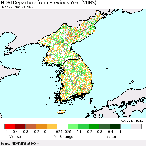 Korea NDVI Departure from Previous Year (VIIRS) Thematic Map For 3/22/2022 - 3/29/2022