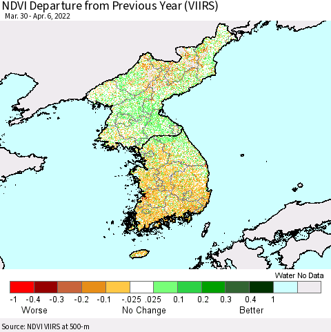 Korea NDVI Departure from Previous Year (VIIRS) Thematic Map For 3/30/2022 - 4/6/2022
