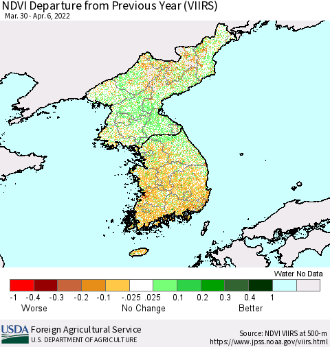 Korea NDVI Departure from Previous Year (VIIRS) Thematic Map For 4/1/2022 - 4/10/2022