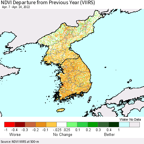 Korea NDVI Departure from Previous Year (VIIRS) Thematic Map For 4/7/2022 - 4/14/2022