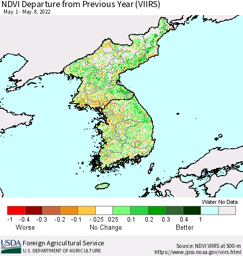 Korea NDVI Departure from Previous Year (VIIRS) Thematic Map For 5/1/2022 - 5/10/2022