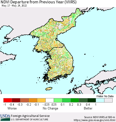 Korea NDVI Departure from Previous Year (VIIRS) Thematic Map For 5/21/2022 - 5/31/2022