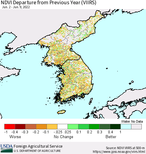 Korea NDVI Departure from Previous Year (VIIRS) Thematic Map For 6/1/2022 - 6/10/2022
