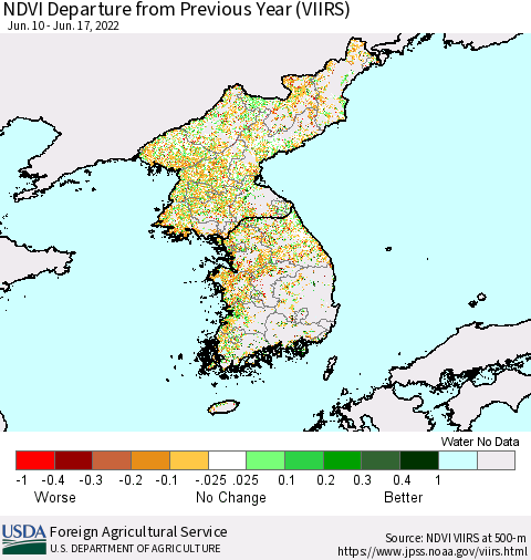 Korea NDVI Departure from Previous Year (VIIRS) Thematic Map For 6/11/2022 - 6/20/2022