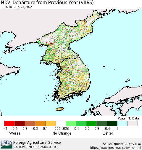 Korea NDVI Departure from Previous Year (VIIRS) Thematic Map For 6/21/2022 - 6/30/2022