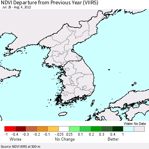 Korea NDVI Departure from Previous Year (VIIRS) Thematic Map For 7/28/2022 - 8/4/2022