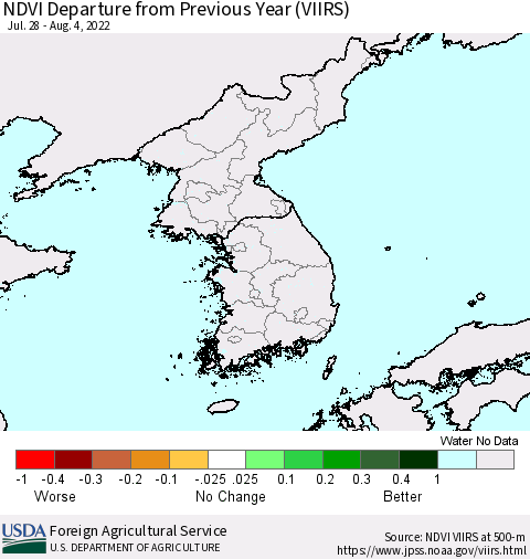 Korea NDVI Departure from Previous Year (VIIRS) Thematic Map For 8/1/2022 - 8/10/2022
