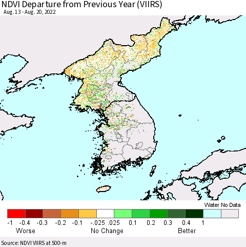 Korea NDVI Departure from Previous Year (VIIRS) Thematic Map For 8/11/2022 - 8/20/2022