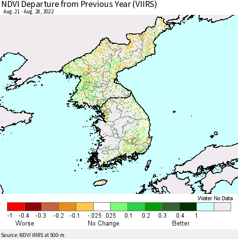 Korea NDVI Departure from Previous Year (VIIRS) Thematic Map For 8/21/2022 - 8/28/2022