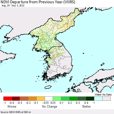 Korea NDVI Departure from Previous Year (VIIRS) Thematic Map For 8/29/2022 - 9/5/2022