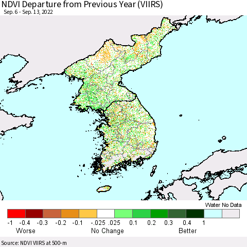 Korea NDVI Departure from Previous Year (VIIRS) Thematic Map For 9/6/2022 - 9/13/2022