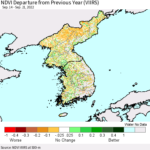 Korea NDVI Departure from Previous Year (VIIRS) Thematic Map For 9/14/2022 - 9/21/2022
