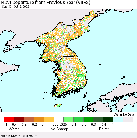 Korea NDVI Departure from Previous Year (VIIRS) Thematic Map For 9/30/2022 - 10/7/2022