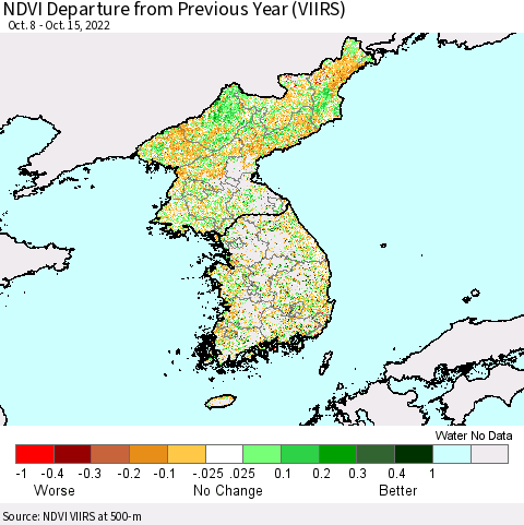 Korea NDVI Departure from Previous Year (VIIRS) Thematic Map For 10/8/2022 - 10/15/2022