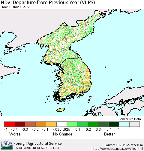 Korea NDVI Departure from Previous Year (VIIRS) Thematic Map For 11/1/2022 - 11/10/2022