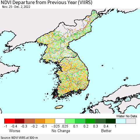 Korea NDVI Departure from Previous Year (VIIRS) Thematic Map For 11/25/2022 - 12/2/2022