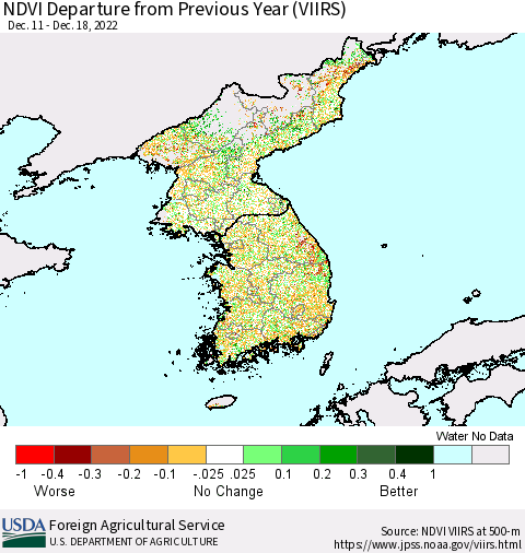 Korea NDVI Departure from Previous Year (VIIRS) Thematic Map For 12/11/2022 - 12/20/2022