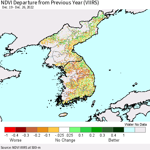 Korea NDVI Departure from Previous Year (VIIRS) Thematic Map For 12/19/2022 - 12/26/2022