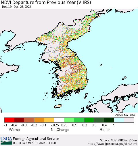 Korea NDVI Departure from Previous Year (VIIRS) Thematic Map For 12/21/2022 - 12/31/2022