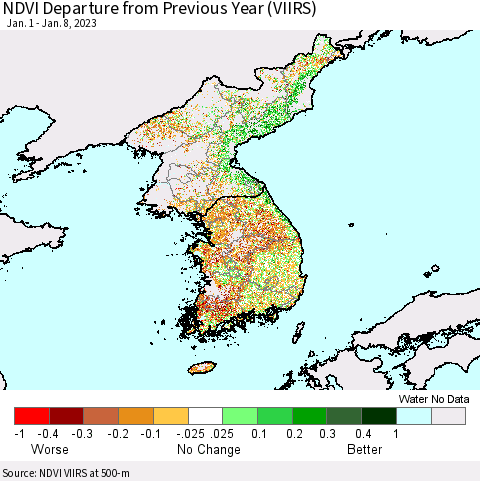 Korea NDVI Departure from Previous Year (VIIRS) Thematic Map For 1/1/2023 - 1/8/2023