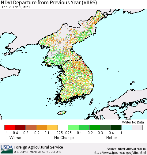 Korea NDVI Departure from Previous Year (VIIRS) Thematic Map For 2/1/2023 - 2/10/2023