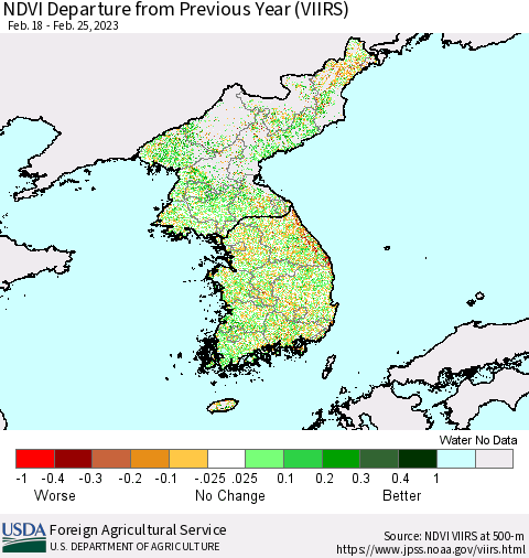 Korea NDVI Departure from Previous Year (VIIRS) Thematic Map For 2/21/2023 - 2/28/2023