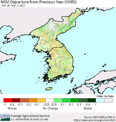 Korea NDVI Departure from Previous Year (VIIRS) Thematic Map For 3/1/2023 - 3/10/2023