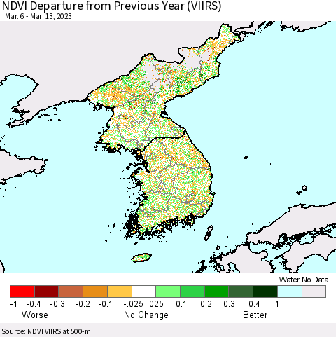 Korea NDVI Departure from Previous Year (VIIRS) Thematic Map For 3/6/2023 - 3/13/2023