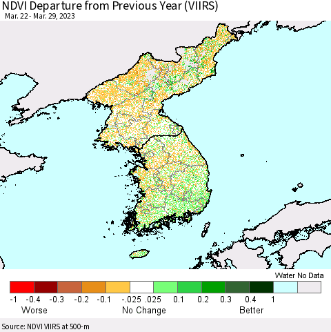 Korea NDVI Departure from Previous Year (VIIRS) Thematic Map For 3/22/2023 - 3/29/2023