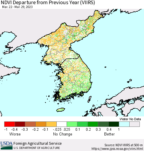 Korea NDVI Departure from Previous Year (VIIRS) Thematic Map For 3/21/2023 - 3/31/2023